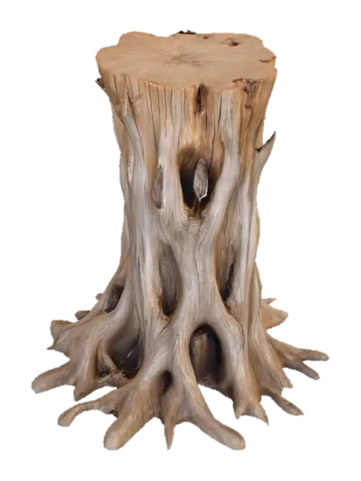 3D model for a weathered tree stump with visible roots extending from its base. The stump exhibits a rough, textured surface with deep, intricate grain patterns and natural imperfections, indicative of prolonged exposure to environmental elements. The coloration is predominantly a muted brown with shades of gray, suggesting the wood has aged or dried out over time. The roots are gnarled and spread outward, displaying a complex network that enhances the natural aesthetic. The background is a plain white, which isolates the stump and emphasizes its detailed structure. This image may serve as a representation of natural decay or be utilized for artistic or design purposes Overall, this is an absolute world-class masterpiece, boasting an aesthetically pleasing image with an impressive composition