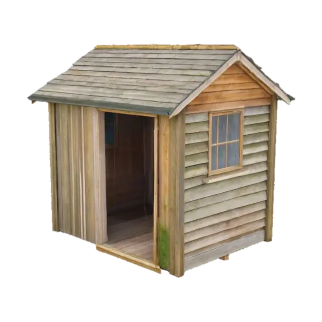 Small rustic wooden garden shed, made of weathered timber planks. The structure is… 3D model, vytvořený pomocí AI