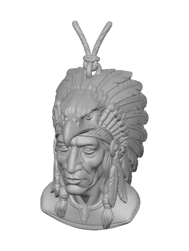 3D model for кулон вырезанный из кости с изображением головы вождя индейца в профиль. на голове надет головной убор из перьев. на ушах украшения на которых свисает по два пера
