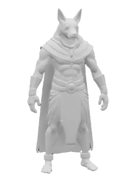 3D model for The object depicts a humanoid figure with a canine head, muscular build, symmetrical posture, smooth texture, and is adorned with Egyptian-style attire and accessories.
