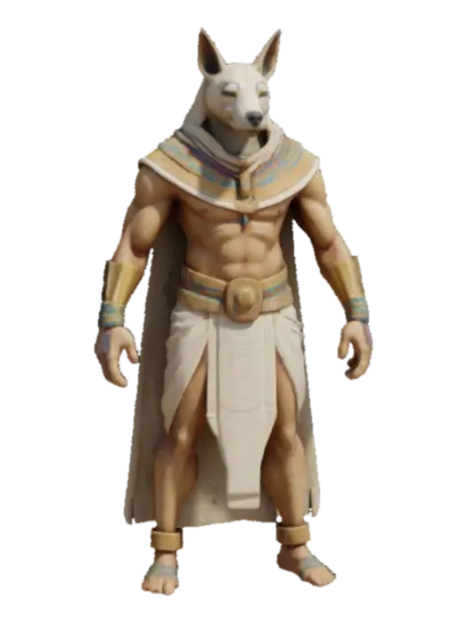 3D model for The object depicts a humanoid figure with a canine head, muscular build, symmetrical posture, smooth texture, and is adorned with Egyptian-style attire and accessories.
