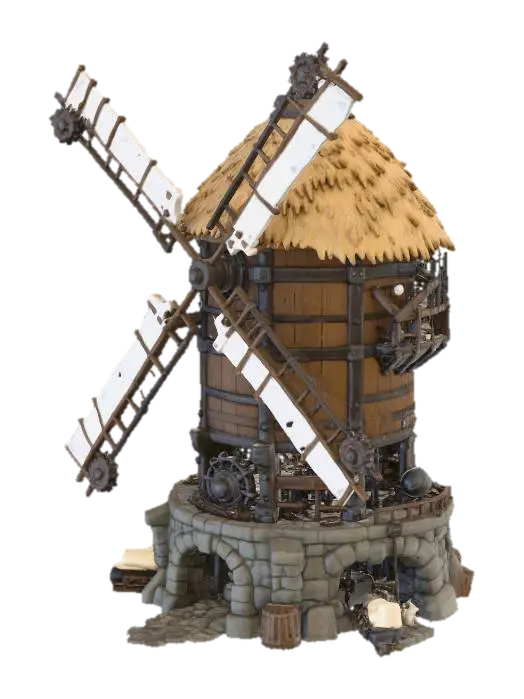 flour grinder windmill, factorio style, white cloth wind blade 3D model, vytvořený pomocí AI