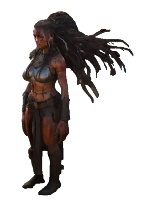 A fierce and captivating female warrior stands confidently in the midst of a… - Determined 3D model, vytvořený pomocí AI