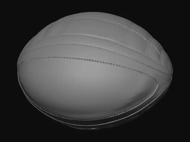 3D model for A highly detailed, realistic 3D model of a rugby ball, clean white background. The ball features a dimpled leather texture with prominent stitched seams. The color pattern is a clean white leather body with two curved green panels on the sides, matching a classic rugby ball design. Entirely blank, completely clean with no logos, no text, no branding, and no symbols. Studio lighting, photorealistic material, optimized for OBJ export.