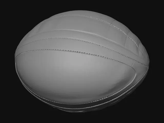 3D model for A highly detailed, realistic 3D model of a rugby ball, clean white background. The ball features a dimpled leather texture with prominent stitched seams. The color pattern is a clean white leather body with two curved green panels on the sides, matching a classic rugby ball design. Entirely blank, completely clean with no logos, no text, no branding, and no symbols. Studio lighting, photorealistic material, optimized for OBJ export.