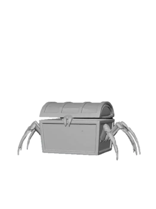 3D model for Mimic storage, black spider legs, old wooden flat lid, glowing red eyes visible from the internal darkness, overgrown with moss.