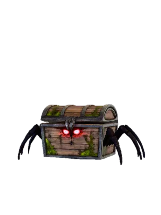 3D model for Mimic storage, black spider legs, old wooden flat lid, glowing red eyes visible from the internal darkness, overgrown with moss.