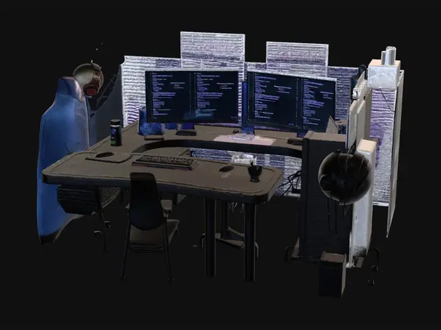 3D model for Futuristic cyberpunk developer workspace with one person sitting and working on computer, dark neon room, cinematic lighting, premium gaming setup, realistic desk and monitor, immersive atmosphere, optimized for Three.js, GLB format