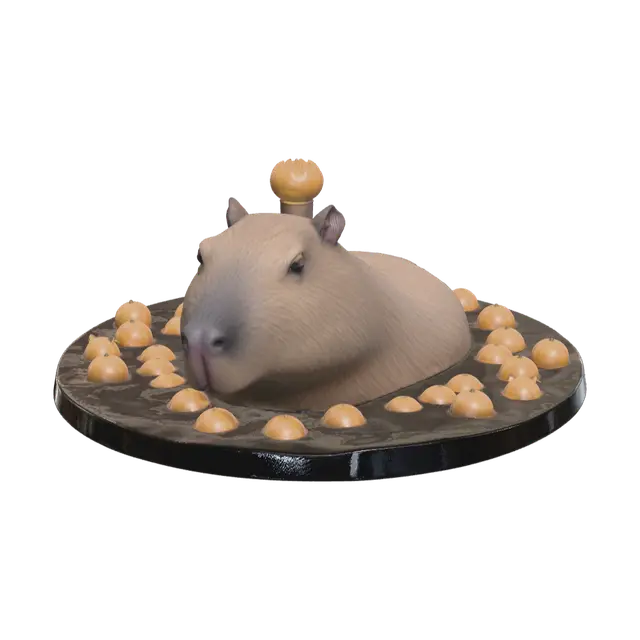Realistic Capybara With Orange On Head 3D model, vytvořený pomocí AI