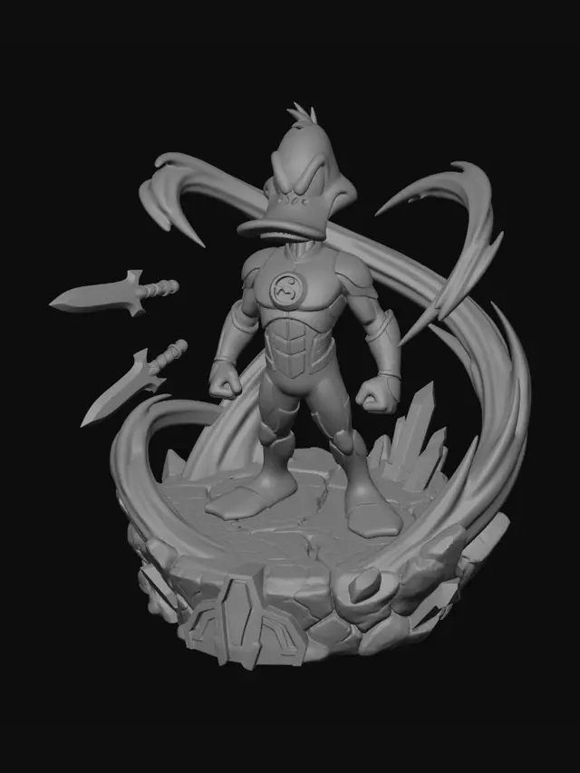 3D model for Highly detailed collectible 3D statue of a black cartoon duffy duck superhero inspired by a green space guardian, standing in a confident heroic pose. Stylized animation character with orange beak and feet, wearing a glossy green and black futuristic armor suit with glowing green energy ring. Premium resin statue quality, ultra clean topology, sharp sculpted details, expressive angry face, comic book style.

Dynamic translucent green energy effects swirling around the character, large curved energy wave rising from the base, floating energy blades and power constructs. Detailed rocky display base with cracks and sci-fi energy elements.