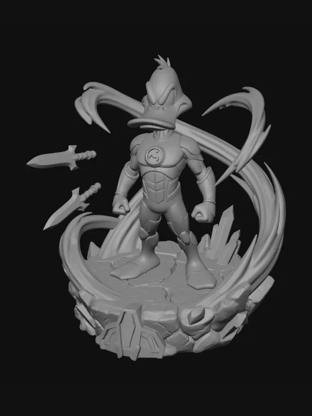 3D model for Highly detailed collectible 3D statue of a black cartoon duffy duck superhero inspired by a green space guardian, standing in a confident heroic pose. Stylized animation character with orange beak and feet, wearing a glossy green and black futuristic armor suit with glowing green energy ring. Premium resin statue quality, ultra clean topology, sharp sculpted details, expressive angry face, comic book style.

Dynamic translucent green energy effects swirling around the character, large curved energy wave rising from the base, floating energy blades and power constructs. Detailed rocky display base with cracks and sci-fi energy elements.