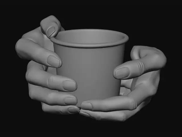 3D model for Close-up of Sunny's thin, slightly trembling hands holding a real plant-based coffee cup. The cup is made from inexpensive biodegradable paper material, practical and unremarkable, showing subtle signs of everyday use. Unlike disposable plastic containers, it feels like a small luxury purchased with hard-earned money. The natural paper texture is visible, with a simple minimalist design and muted colors fitting a dystopian urban setting. The cup appears warm and valuable despite its ordinary appearance, symbolizing a rare moment of comfort in a harsh world. Photorealistic details, cinematic realism, gritty atmosphere, realistic hand textures, shallow depth of field, dark futuristic slum aesthetic, Shadow Slave inspired mood, high detail, emotionally grounded storytelling.