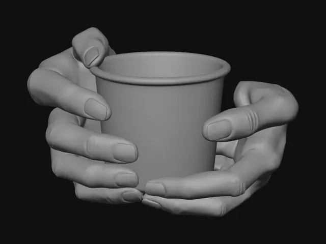 3D model for Close-up of Sunny's thin, slightly trembling hands holding a real plant-based coffee cup. The cup is made from inexpensive biodegradable paper material, practical and unremarkable, showing subtle signs of everyday use. Unlike disposable plastic containers, it feels like a small luxury purchased with hard-earned money. The natural paper texture is visible, with a simple minimalist design and muted colors fitting a dystopian urban setting. The cup appears warm and valuable despite its ordinary appearance, symbolizing a rare moment of comfort in a harsh world. Photorealistic details, cinematic realism, gritty atmosphere, realistic hand textures, shallow depth of field, dark futuristic slum aesthetic, Shadow Slave inspired mood, high detail, emotionally grounded storytelling.