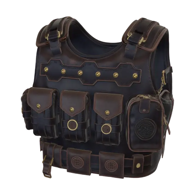 3D model for a modular tactical plate carrier vest, front armor plate with webbing straps and three
magazine pouches across the chest, thick nylon and blackened steel, buckled shoulder
straps, worn and scratched from use, dark grimdark fantasy tactical armor, blackened steel and worn leather, aged bronze
trim, subtle Turkic knotwork engraving, matte surface with dust settled in the
crevices, muted desaturated palette, PBR game asset, single isolated object on a
plain neutral background, object only — no character, no body, no mannequin, no
stand, no base, clean topology, mid-poly