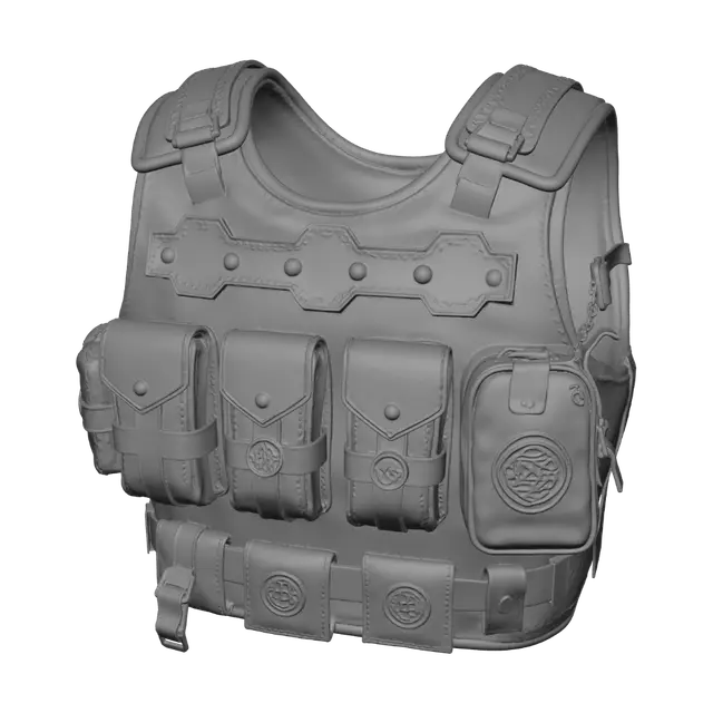 3D model for a modular tactical plate carrier vest, front armor plate with webbing straps and three
magazine pouches across the chest, thick nylon and blackened steel, buckled shoulder
straps, worn and scratched from use, dark grimdark fantasy tactical armor, blackened steel and worn leather, aged bronze
trim, subtle Turkic knotwork engraving, matte surface with dust settled in the
crevices, muted desaturated palette, PBR game asset, single isolated object on a
plain neutral background, object only — no character, no body, no mannequin, no
stand, no base, clean topology, mid-poly