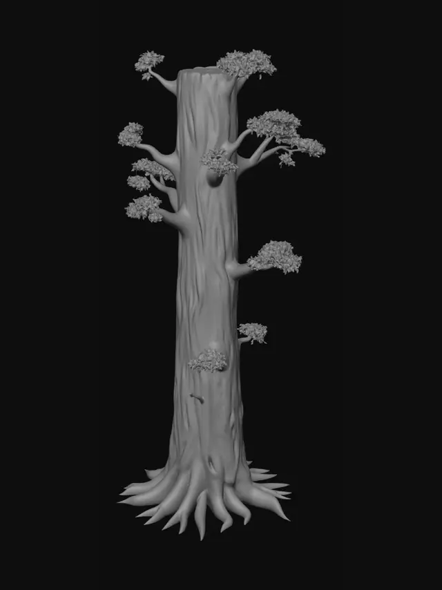 3D model for a tree, with uneven dirt surrounding it, realistic and dark brown,