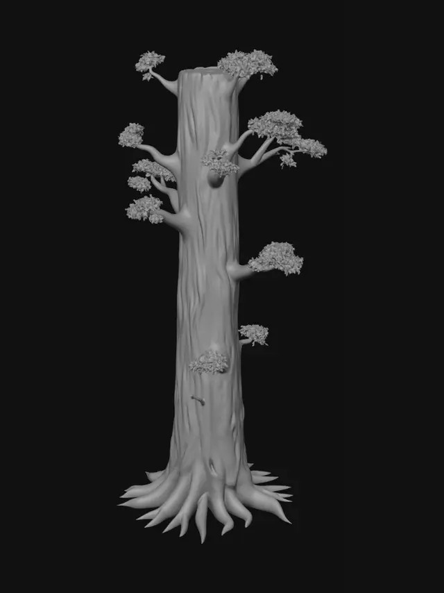 3D model for a tree, with uneven dirt surrounding it, realistic and dark brown,