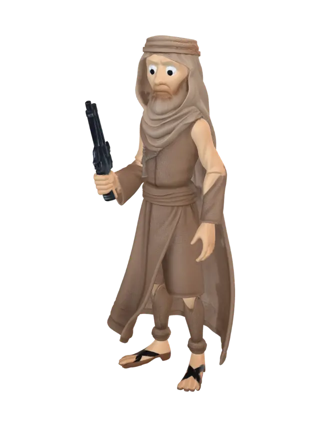 Modello 3D wooden person torso and legs holding a gun, make the character look like the famous… - Nerd, generato dall’IA