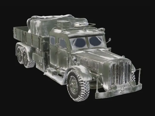 3D model for change this truck to snowy variant but do not change color of the truck and do grey background