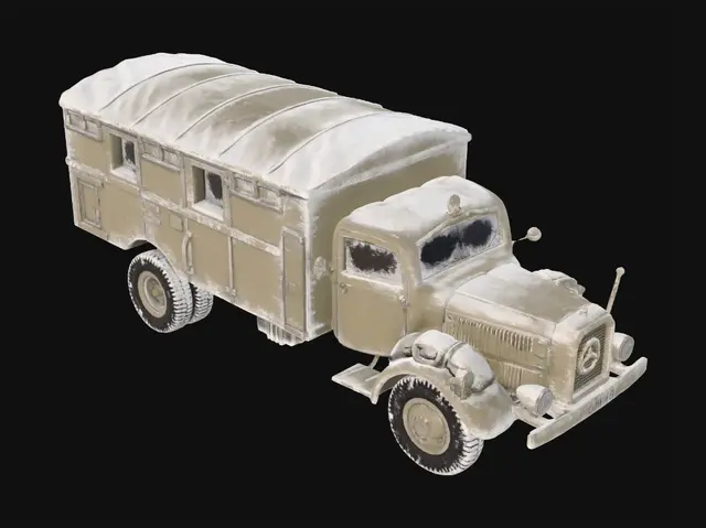 3D model for change this truck to snowy variant but do not change color of the truck and do grey background