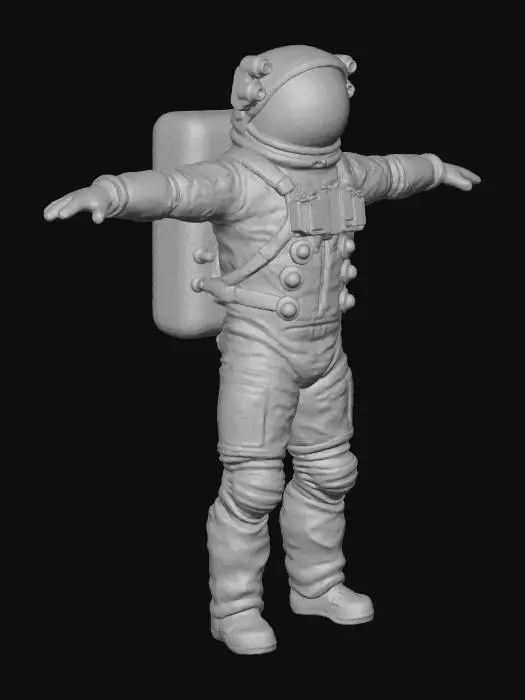 3D model for Cosmonaut in the t pose, the helmet is completely covered with metal, there are six lenses of video cameras on the front of the helmet