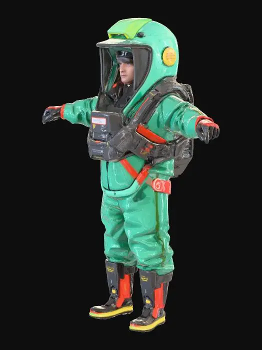 3D model for Cosmonaut in the t pose, the helmet is completely covered with metal, there are six lenses of video cameras on the front of the helmet