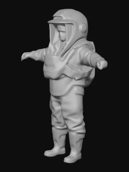 3D model for Cosmonaut in the t pose, the helmet is completely covered with metal, there are six lenses of video cameras on the front of the helmet