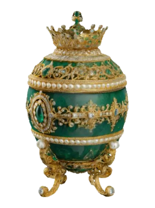 emerald encrusted Faberge jewelry egg. On a golden ornate tripod. Encrusted with… 3D model, vytvořený pomocí AI