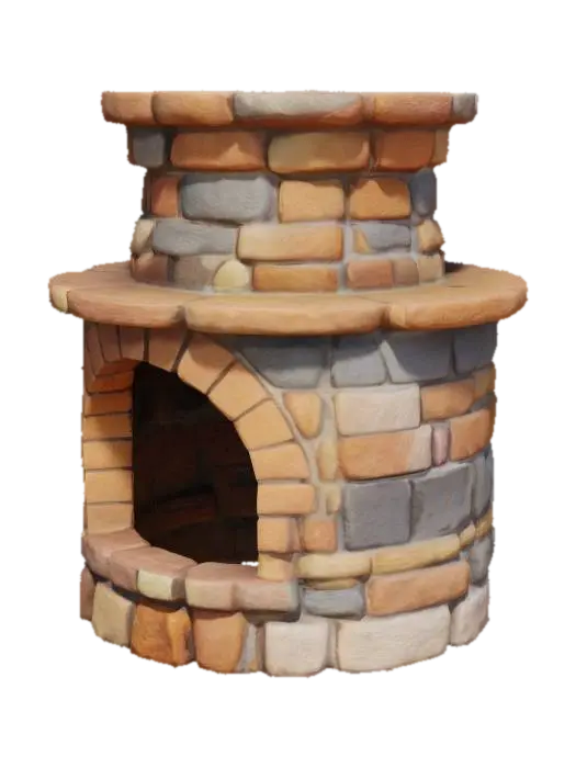 一个灶台，砖石材质，中间有一个半圆形柱体的中空，上面是平台。 - Fireplace 3D model, vytvořený pomocí AI