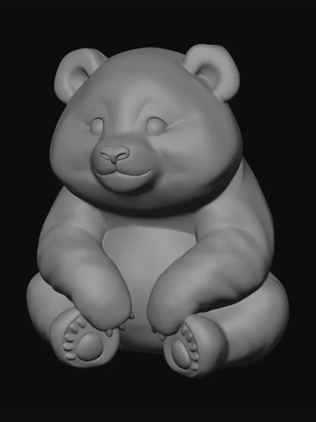 3D model for A plump panda sculpted in a relaxed sitting pose, detailed with a thick, fluffy black and white fur texture that appears incredibly soft and dense. It features characteristic black eye patches, round ears, and a small dark nose. Its gentle facial expression and robust, cuddly form convey a warm, inviting tactile quality, highlighting its iconic, endearing appearance.