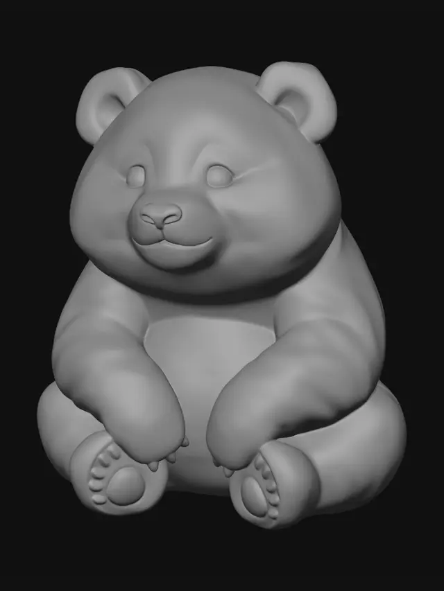 3D model for A plump panda sculpted in a relaxed sitting pose, detailed with a thick, fluffy black and white fur texture that appears incredibly soft and dense. It features characteristic black eye patches, round ears, and a small dark nose. Its gentle facial expression and robust, cuddly form convey a warm, inviting tactile quality, highlighting its iconic, endearing appearance.
