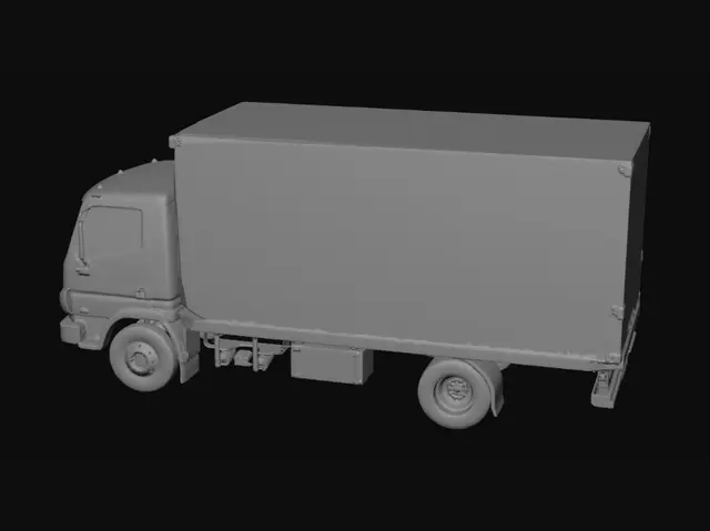 3D model for Rigid box delivery truck, intended as a semi-realistic simplified game asset. Main silhouette: a long rectangular cargo box fixed on a dark chassis, with a short front cab and a multi-axle layout: one front axle and a dual rear axle. Key recognizable elements: light grey/white cargo body, dark windshield and side windows, black horizontal grille, simple headlights, side mirrors, black tires with grey rims, rear double cargo doors, rear lights, and a rear bumper. Best Blender simplification: bevelled cubes for the cargo box, cab and chassis, cylinders for wheels, and thin panels for windows, grille, doors and lights. Avoid logos, open cargo, detailed interior, complex suspension, heavy textures, or excessive micro-details.