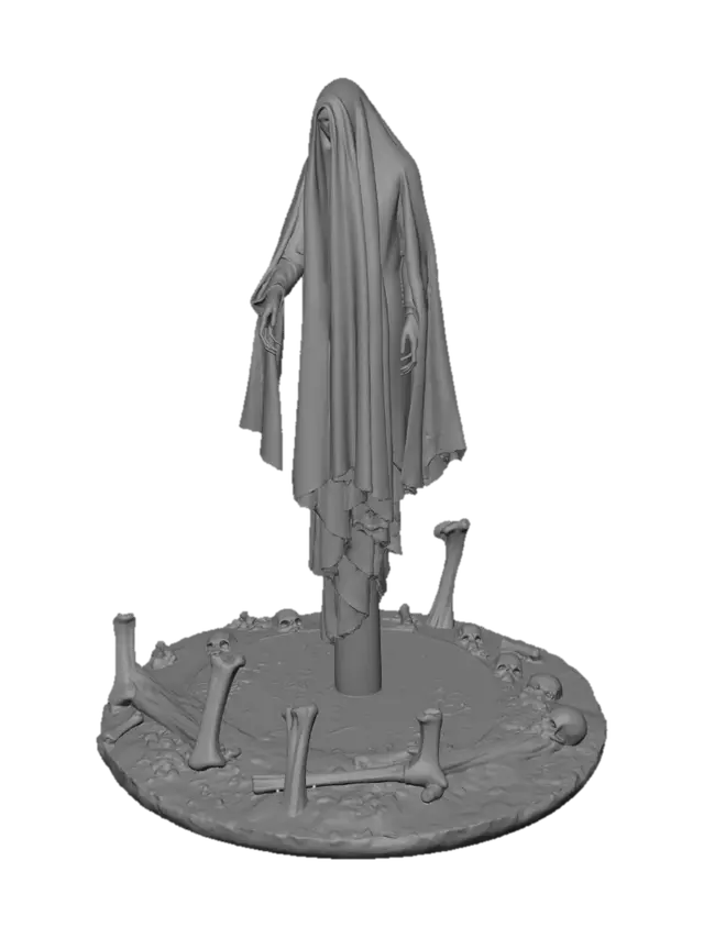 3D model for ein Gespenst steht in einem Brunnen voller menschlicher Knochen. fotorealistisch, high Resolution, Fantasy, höchster Detailgrad