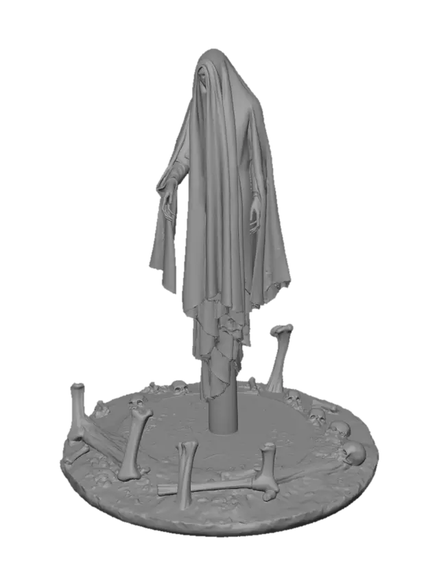 3D model for ein Gespenst steht in einem Brunnen voller menschlicher Knochen. fotorealistisch, high Resolution, Fantasy, höchster Detailgrad