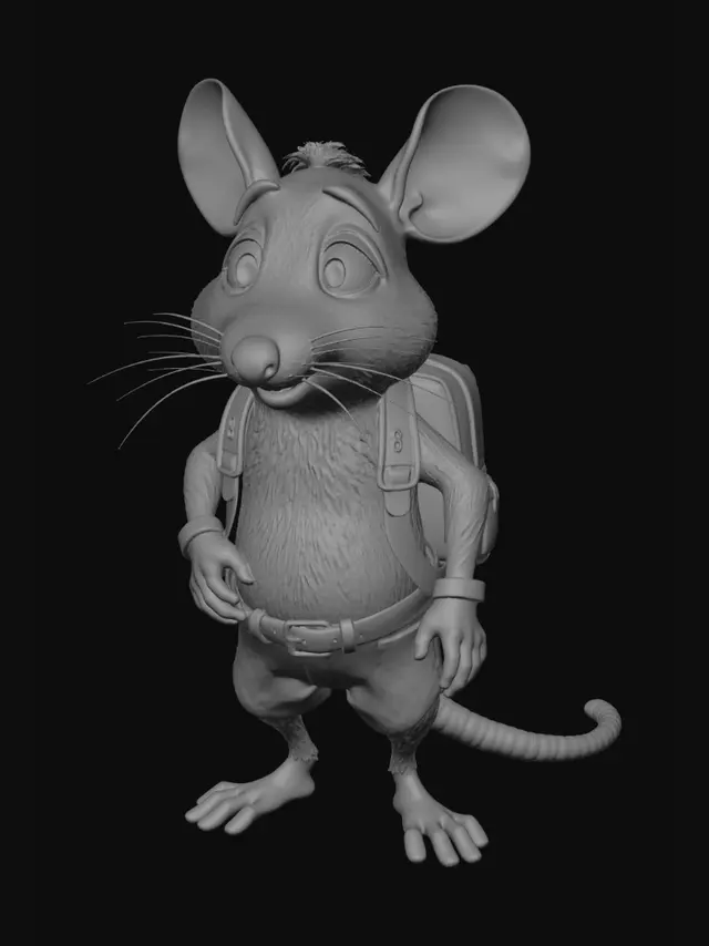 3D model for Apply stylized cartoon textures to the 3D rat character.

Fur:

- dark gray fur (#4A4A4A)
- slightly lighter gray on chest and belly (#6A6A6A)
- soft stylized fur
- clean animated movie appearance
- not realistic fur simulation

Ears:

- warm light pink inner ears (#F2B3A0)
- smooth skin texture
- slightly translucent cartoon look

Nose:

- soft pink nose (#F19A8B)
- subtle shine
- smooth surface

Tail:

- light pink tail (#D89A8A)
- segmented texture
- cartoon style

Eyes:

- large warm brown irises (#6B3E26)
- bright reflections
- expressive animated eyes

Eyebrows:

- dark gray
- thick and expressive

Teeth:

- slightly off-white (#F5F0E8)
- clean cartoon look

Backpack:

- worn brown leather (#6B4A2D)
- brass buckles (#B58A4A)
- slightly used explorer style

Gloves:

- dark brown leath