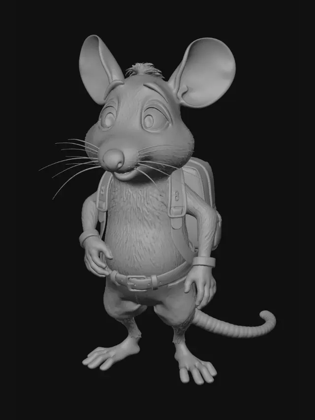 3D model for Apply stylized cartoon textures to the 3D rat character.

Fur:

- dark gray fur (#4A4A4A)
- slightly lighter gray on chest and belly (#6A6A6A)
- soft stylized fur
- clean animated movie appearance
- not realistic fur simulation

Ears:

- warm light pink inner ears (#F2B3A0)
- smooth skin texture
- slightly translucent cartoon look

Nose:

- soft pink nose (#F19A8B)
- subtle shine
- smooth surface

Tail:

- light pink tail (#D89A8A)
- segmented texture
- cartoon style

Eyes:

- large warm brown irises (#6B3E26)
- bright reflections
- expressive animated eyes

Eyebrows:

- dark gray
- thick and expressive

Teeth:

- slightly off-white (#F5F0E8)
- clean cartoon look

Backpack:

- worn brown leather (#6B4A2D)
- brass buckles (#B58A4A)
- slightly used explorer style

Gloves:

- dark brown leath