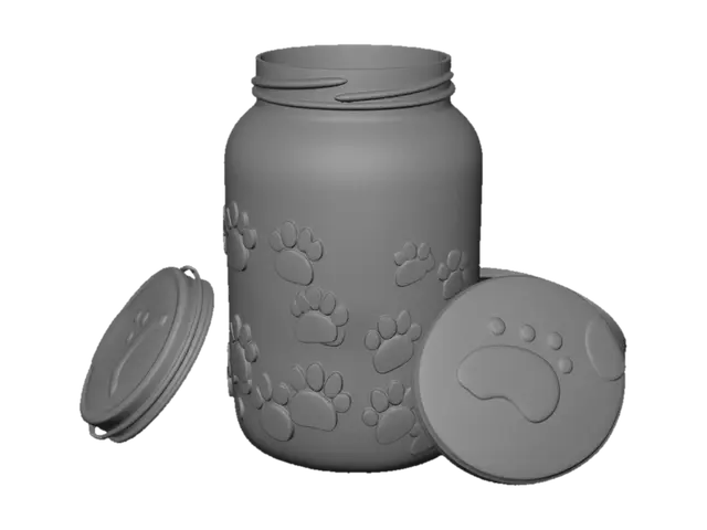 3D model for 帮我做一个可爱的罐子 高度16厘米 直径15厘米 配一个可爱的盖子 盖子放到一边不要盖在罐子上  罐子上要有好多狗狗的爪爪印