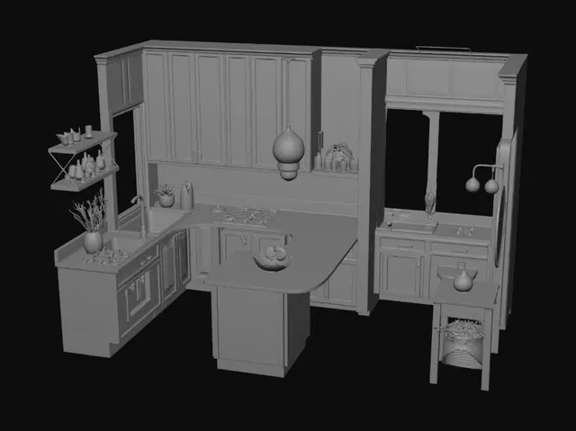3D model for a home structure in which a beautiful cabinat kitchen and 3 room and 2 washrooms and outside of home i want a beautiful garden and flowery area.