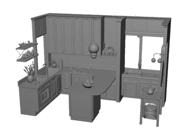3D model for a home structure in which a beautiful cabinat kitchen and 3 room and 2 washrooms and outside of home i want a beautiful garden and flowery area.