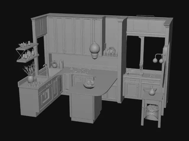 3D model for a home structure in which a beautiful cabinat kitchen and 3 room and 2 washrooms and outside of home i want a beautiful garden and flowery area.