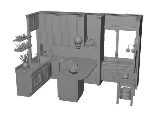 3D model for a home structure in which a beautiful cabinat kitchen and 3 room and 2 washrooms and outside of home i want a beautiful garden and flowery area.