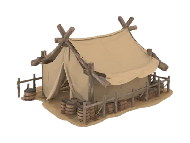 A primitive, tent-like structure with a stretched canvas or hide roof Support… - Frontier 3D model, vytvořený pomocí AI