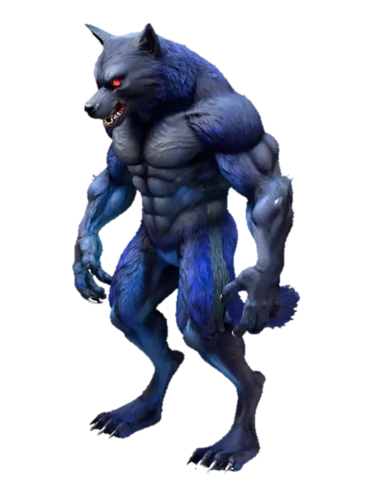 A formidable bipedal werewolf stands tall, covered in dense, coarse black fur with… 3D model, vytvořený pomocí AI