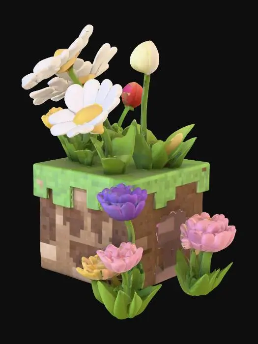 3D model for 마인크래프트 스타일의 땅 블록을 만들어줘, 근데 블록에 꽃이 피어있으면 좋겠어