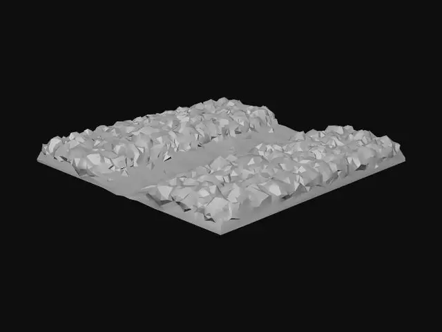 3D model for Mid-poly terrain tile 10x10 meters square, PERFECTLY STRAIGHT
brown worn earth path exactly 4 meters wide, path runs in a
VERTICAL LINE from top edge to bottom edge directly through
the EXACT CENTER of the tile, bright green grass fills the
left 3 meters, bright green grass fills the right 3 meters,
path is ALIGNED NORTH TO SOUTH, flat level surface, clear
sharp edge between dirt and grass, seamless edges for grid
tiling, game-ready asset, top-down view