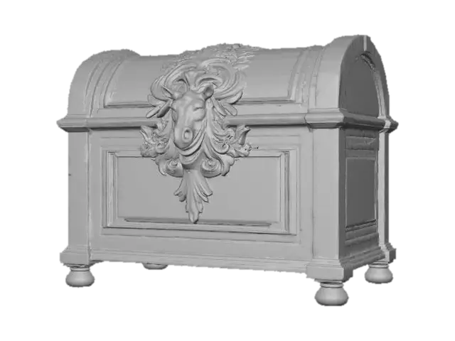 3D model for Create a realistic 3D model of an elegant, closed wooden chest with a slightly eerie Halloween atmosphere.
The chest appears aged and mysterious, with a dark, rich wooden texture showing subtle wear and patina.
On the front, there is a finely detailed relief of a horse’s head — carved deeply into the wood, expressive, almost lifelike, as if watching you.
The design is sophisticated and old-fashioned, with no unnecessary ornaments, no shiny metal parts.
The lighting should feel dim and moody, like candlelight or moonlight, casting soft shadows that emphasize the horse relief.
The overall style should blend gothic elegance with a hint of haunting mystery — beautiful, timeless, and slightly unsettling.