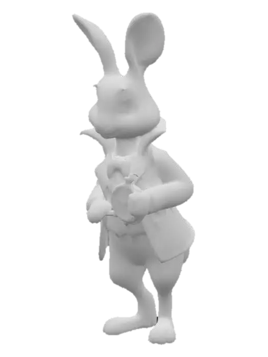 3D model for A stylized cartoon 3D model of a white rabbit standing upright, inspired by Alice in Wonderland. The rabbit wears a dark green coat with gold trim, a light green vest, and a big golden cravat. It holds a round pocket watch with a simple clock face in its left paw. The design should be whimsical and playful, with exaggerated proportions, smooth surfaces, and bold colors with clean lines and simplified textures and polygons suitable for a game asset.