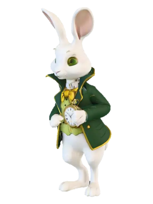 3D model for A stylized cartoon 3D model of a white rabbit standing upright, inspired by Alice in Wonderland. The rabbit wears a dark green coat with gold trim, a light green vest, and a big golden cravat. It holds a round pocket watch with a simple clock face in its left paw. The design should be whimsical and playful, with exaggerated proportions, smooth surfaces, and bold colors with clean lines and simplified textures and polygons suitable for a game asset.