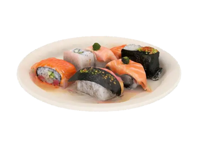 ein Teller mit 5 stück sushi darauf 3D model, vytvořený pomocí AI