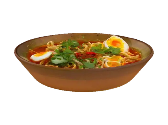 A delicious bowl of noodles with rich broth, garnished with fresh herbs, sliced green… 3D model, vytvořený pomocí AI
